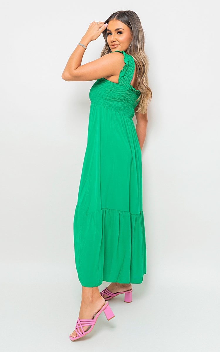 Wide Ruffle Strap Smocked Midi Dress-3