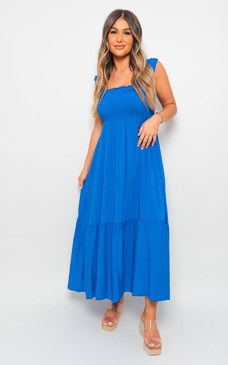 Wide Ruffle Strap Smocked Midi Dress-10