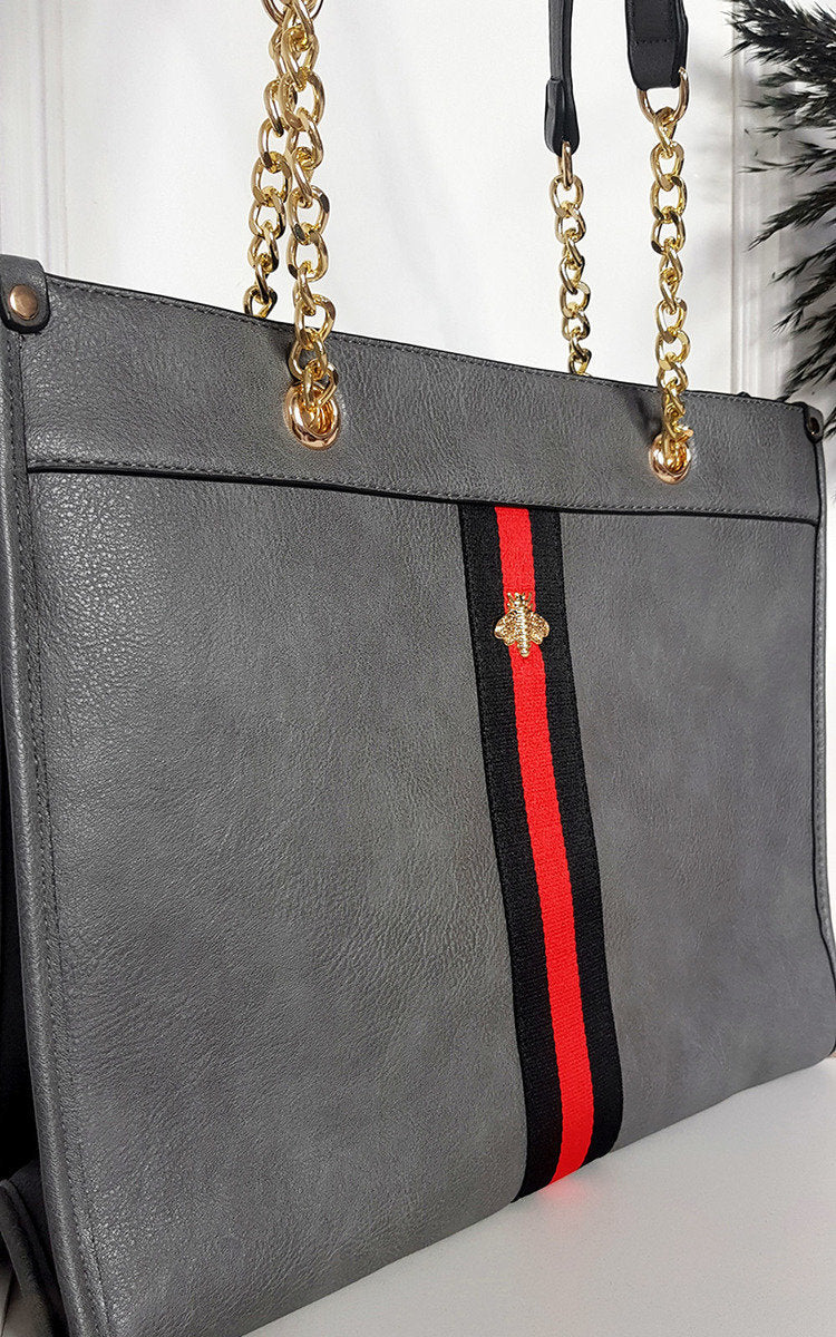 Faux Leather Chain Shoulder Bag with Stripe Detail-2