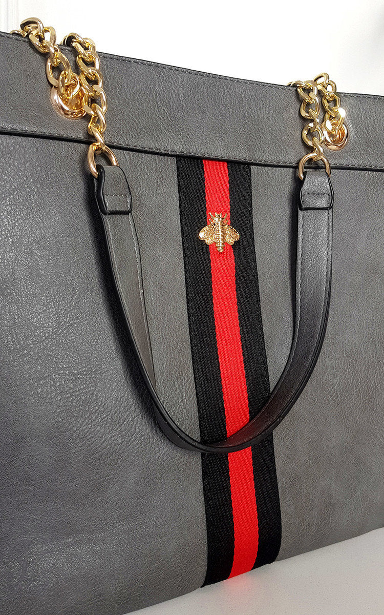 Faux Leather Chain Shoulder Bag with Stripe Detail-1