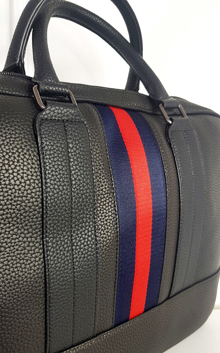 Faux Leather Bowler Bag with Navy and Red Stripe Detail-0