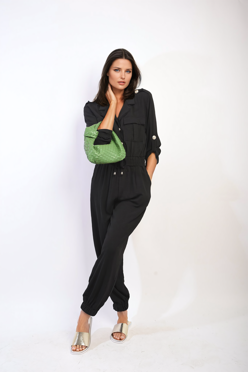 Collar Button-Front Jogger Drawstring Jumpsuit-3