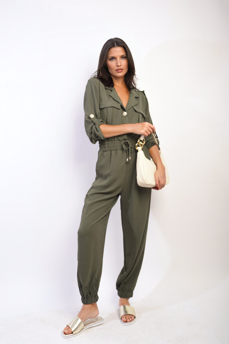 Collar Button-Front Jogger Drawstring Jumpsuit-5