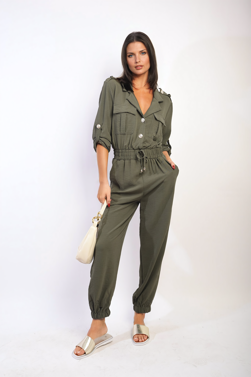 Collar Button-Front Jogger Drawstring Jumpsuit-4