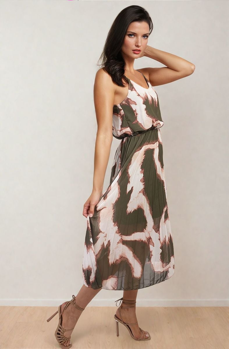 Printed Strappy Pleated Midi Dress-1