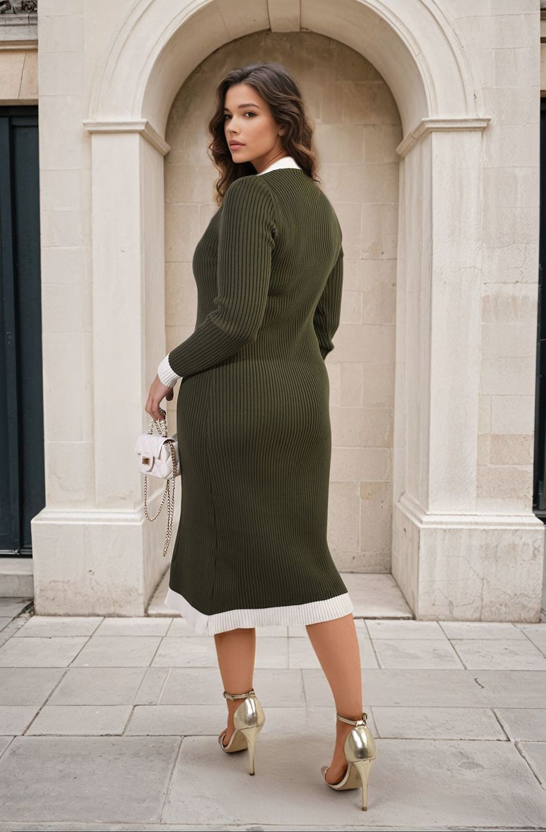 Knitted Contrast Trim Long Sleeve Midi Dress-0