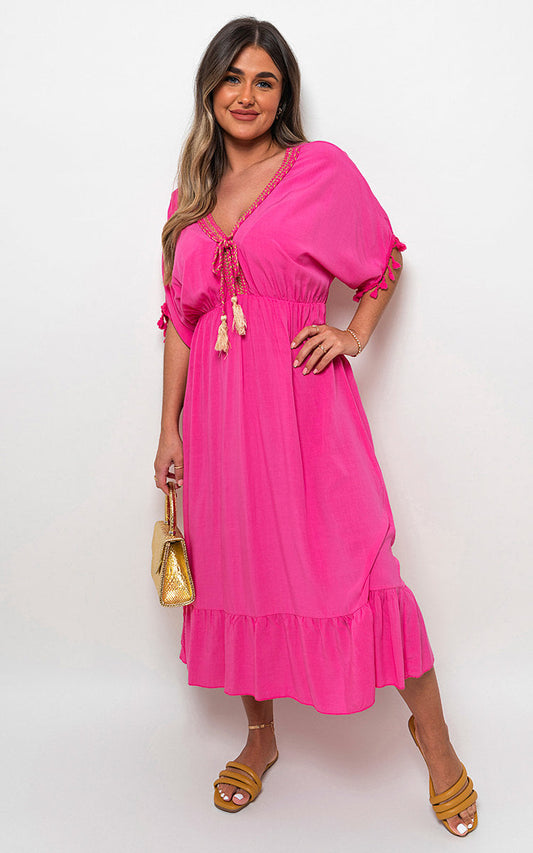 V-Neck Rope Tassel Detail Maxi Dress-0