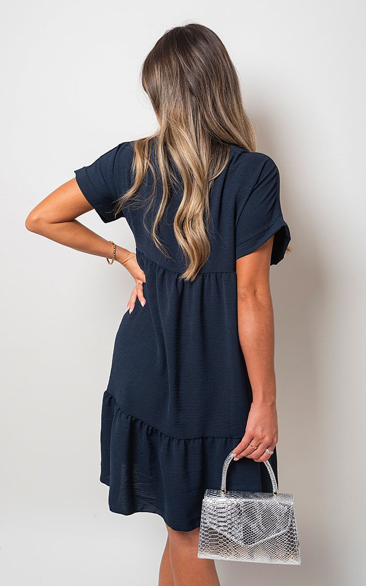 V Neck Tiered Smock Dress-4