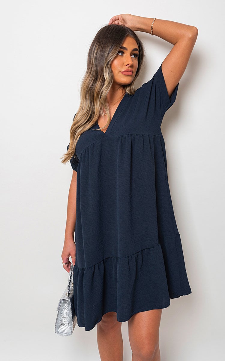 V Neck Tiered Smock Dress-11