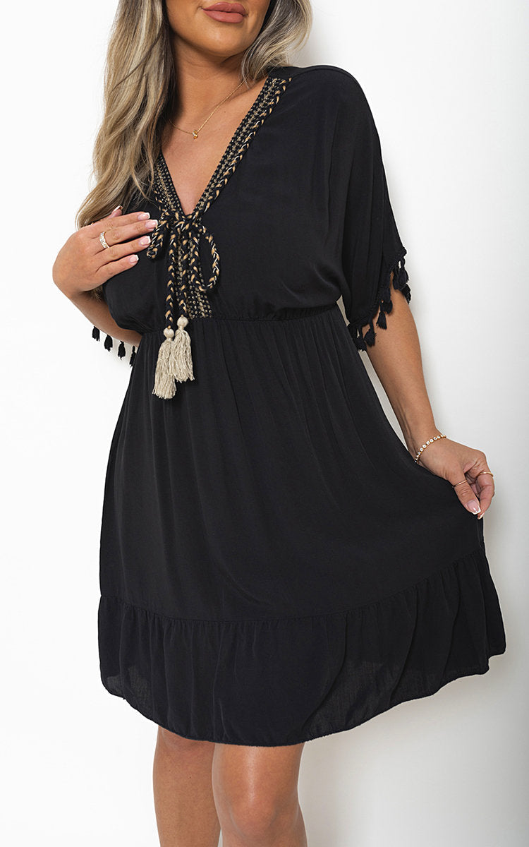 V-Neck Short Sleeve Midi Dress with Tassel Detail-1