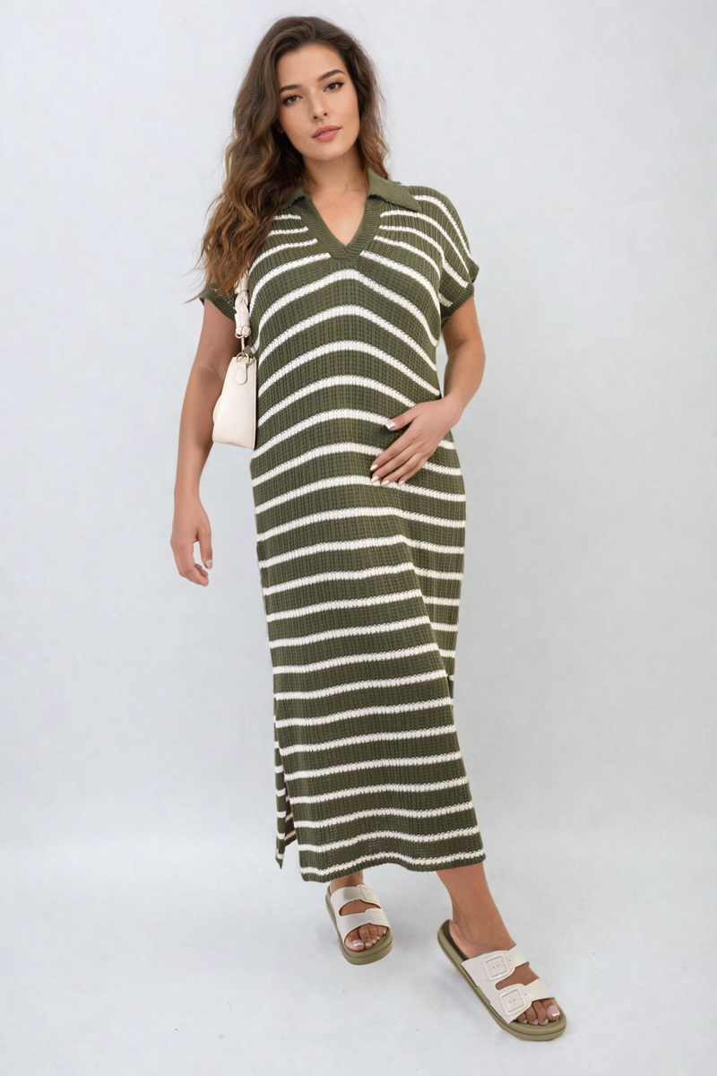 Stripe Knitted V Neck Midi Dress-4