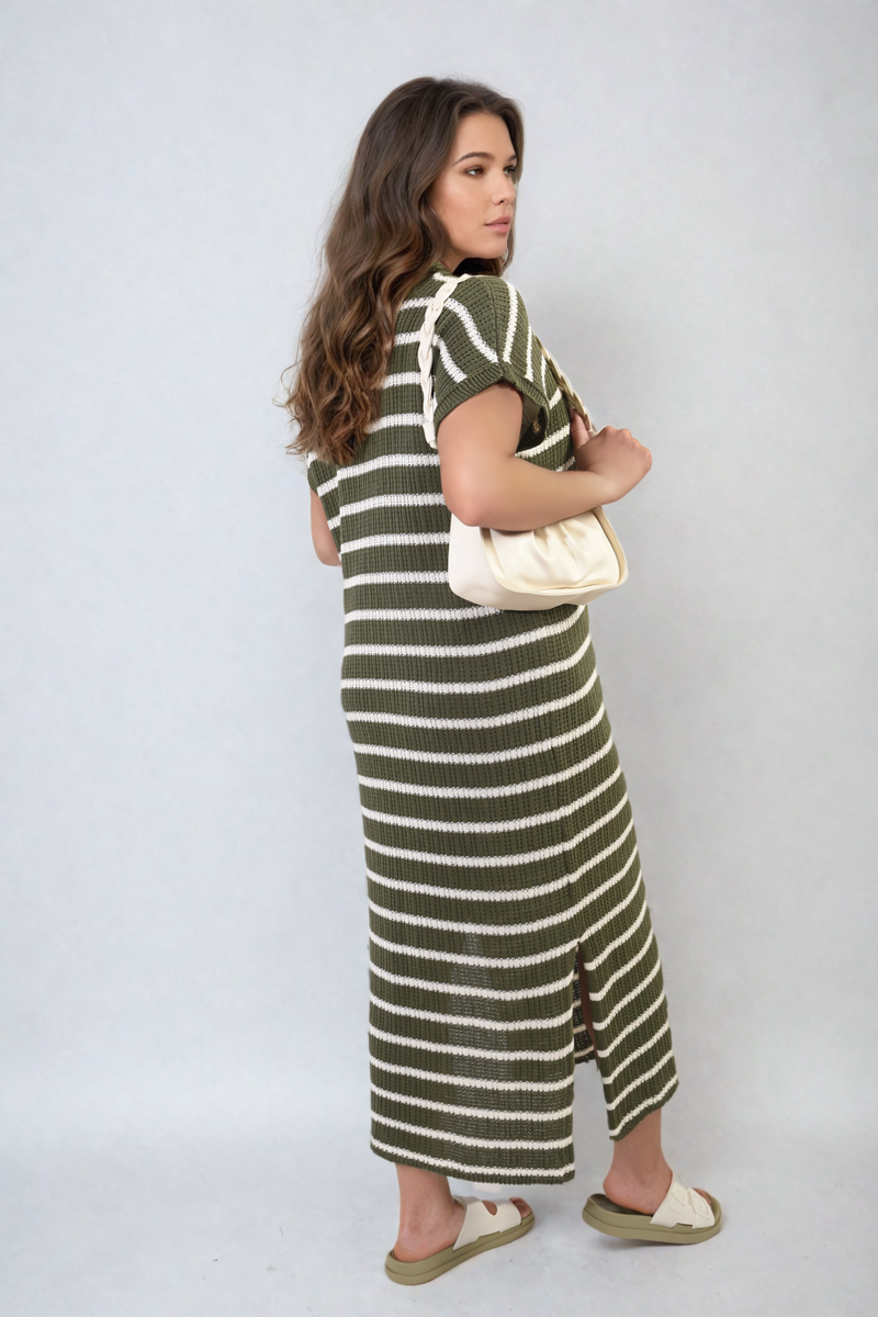 Stripe Knitted V Neck Midi Dress-3