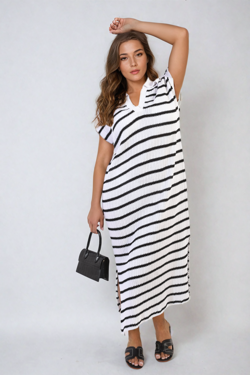 Stripe Knitted V Neck Midi Dress-7