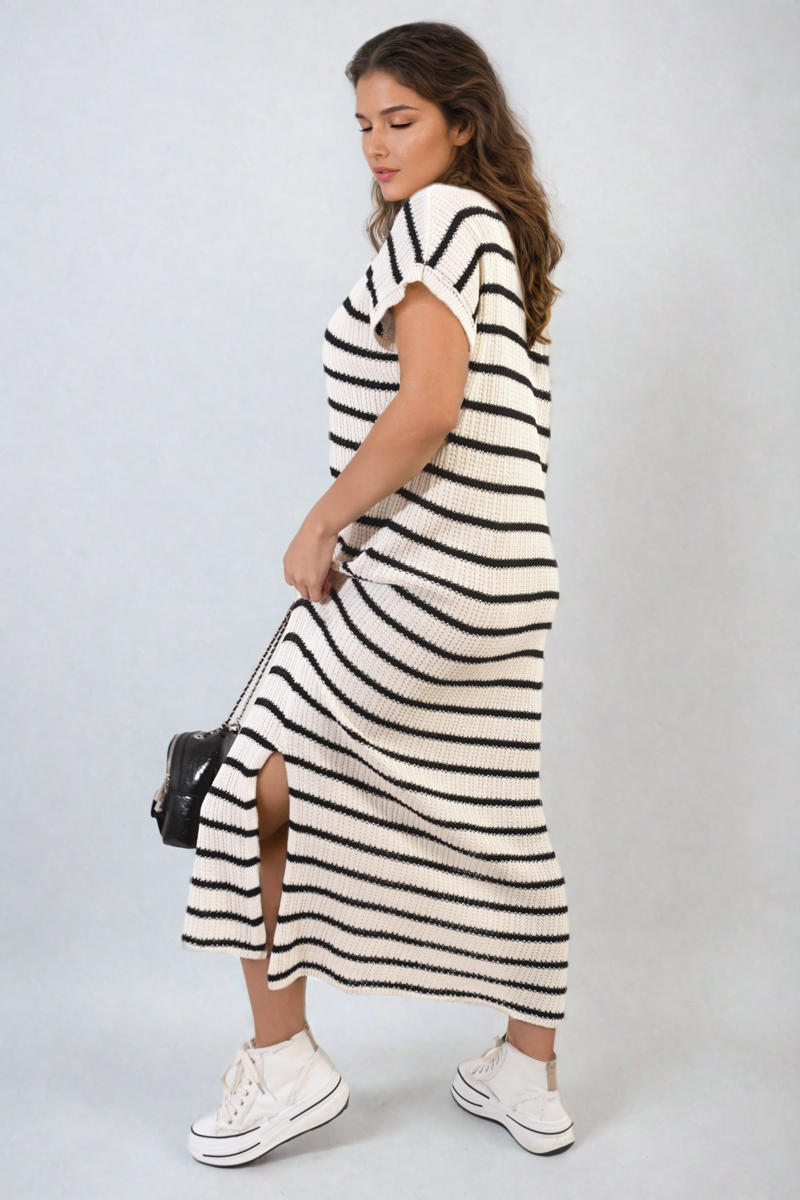 Stripe Knitted V Neck Midi Dress-1