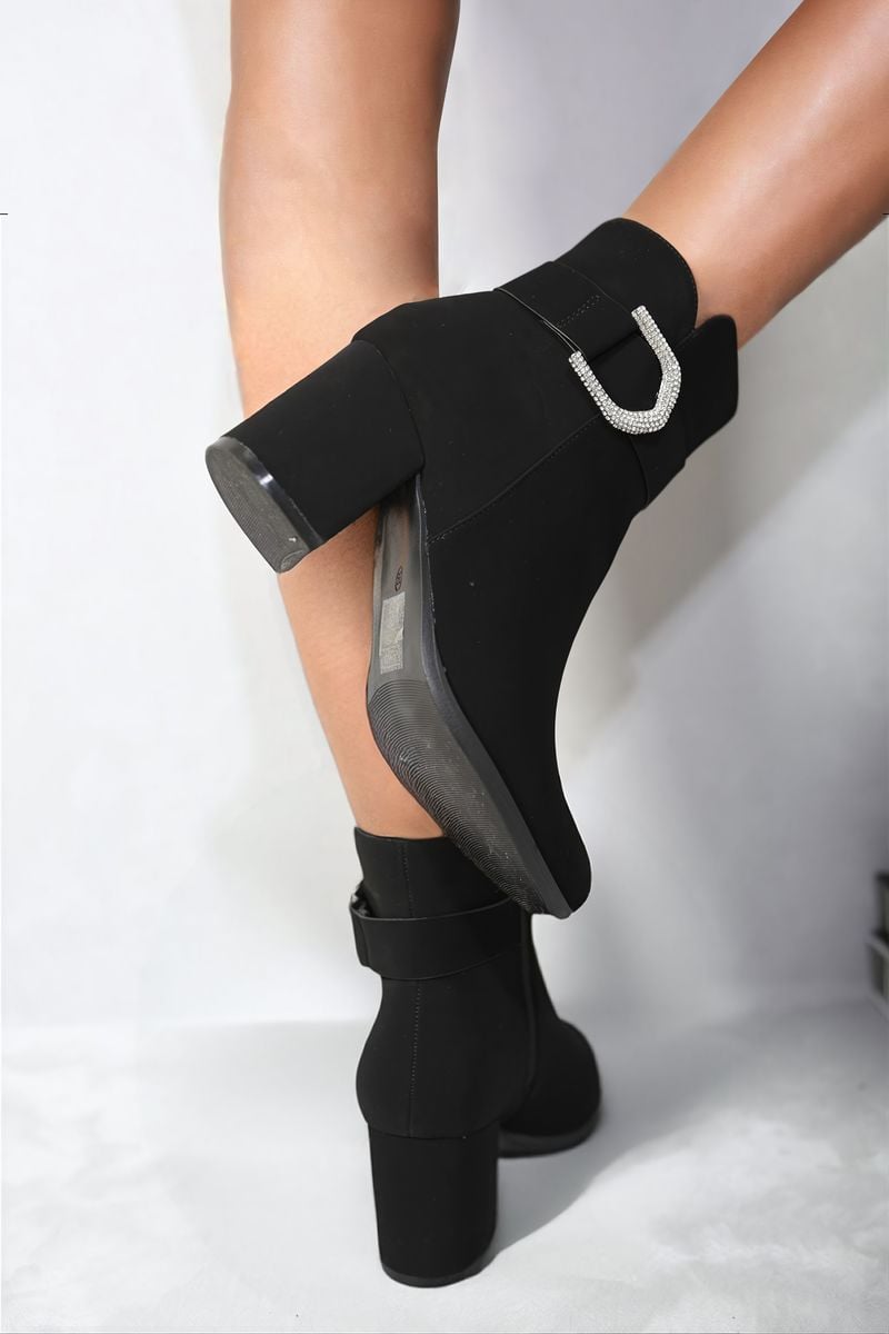 Rhinestone Buckle Chunky Block Heeled Boots-1