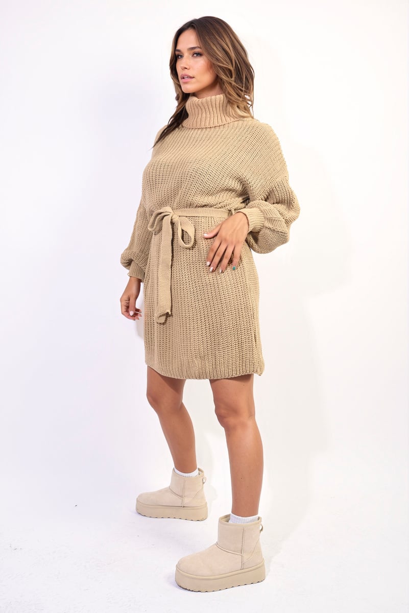 Long Sleeve Ribbed Knit Mini Dress With Belt-7