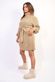 Long Sleeve Ribbed Knit Mini Dress With Belt-6