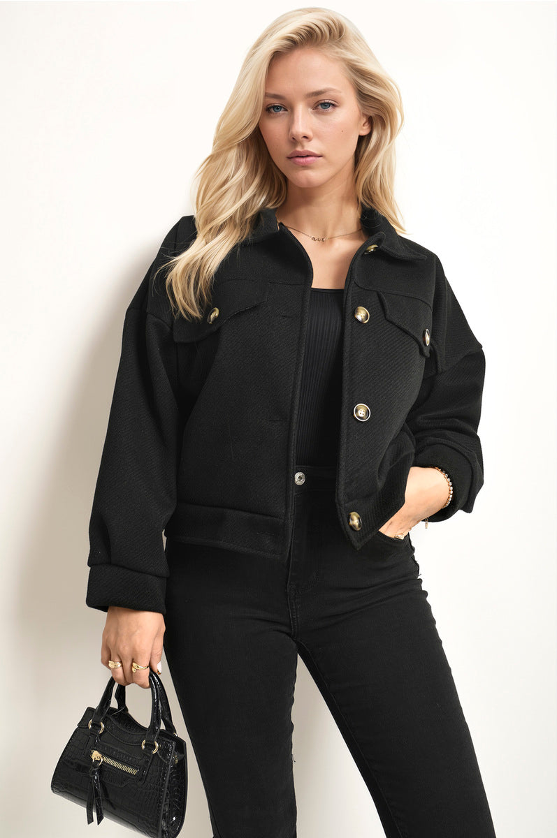 Flap Pocket Long Sleeve Crop Jacket-0