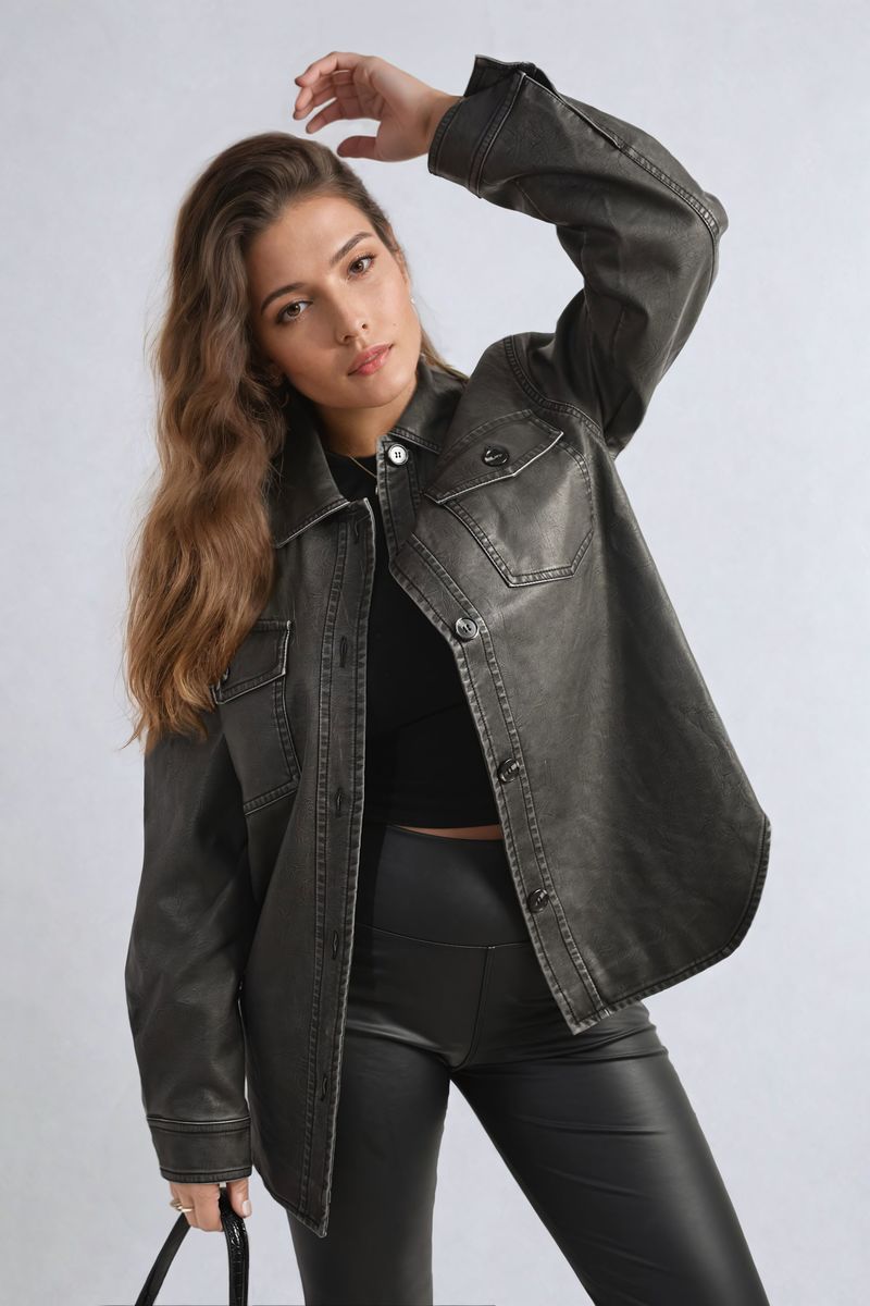 Button Front Pocket Detail Faux Leather Jacket-0