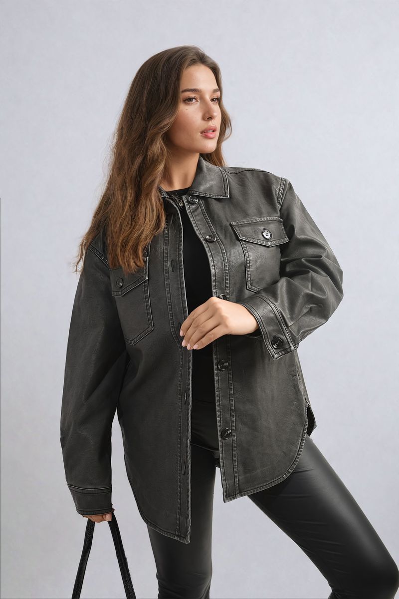 Button Front Pocket Detail Faux Leather Jacket-3