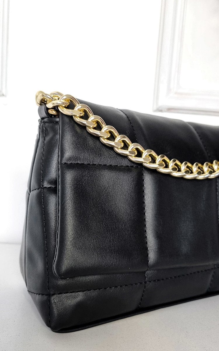 Faux Leather Padded Handbag with Chain Detail-3