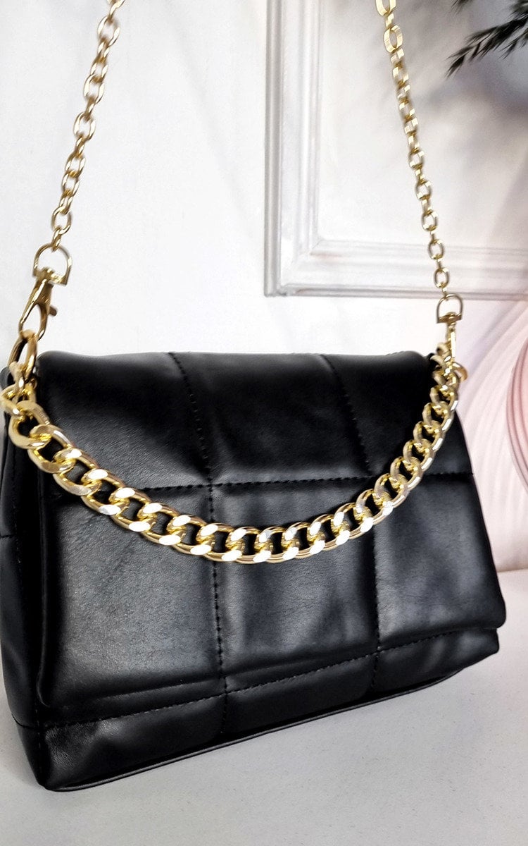 Faux Leather Padded Handbag with Chain Detail-1