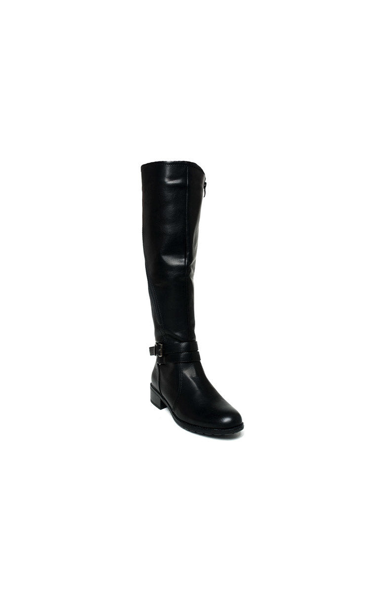 Faux Leather Buckle Knee High Boots-5