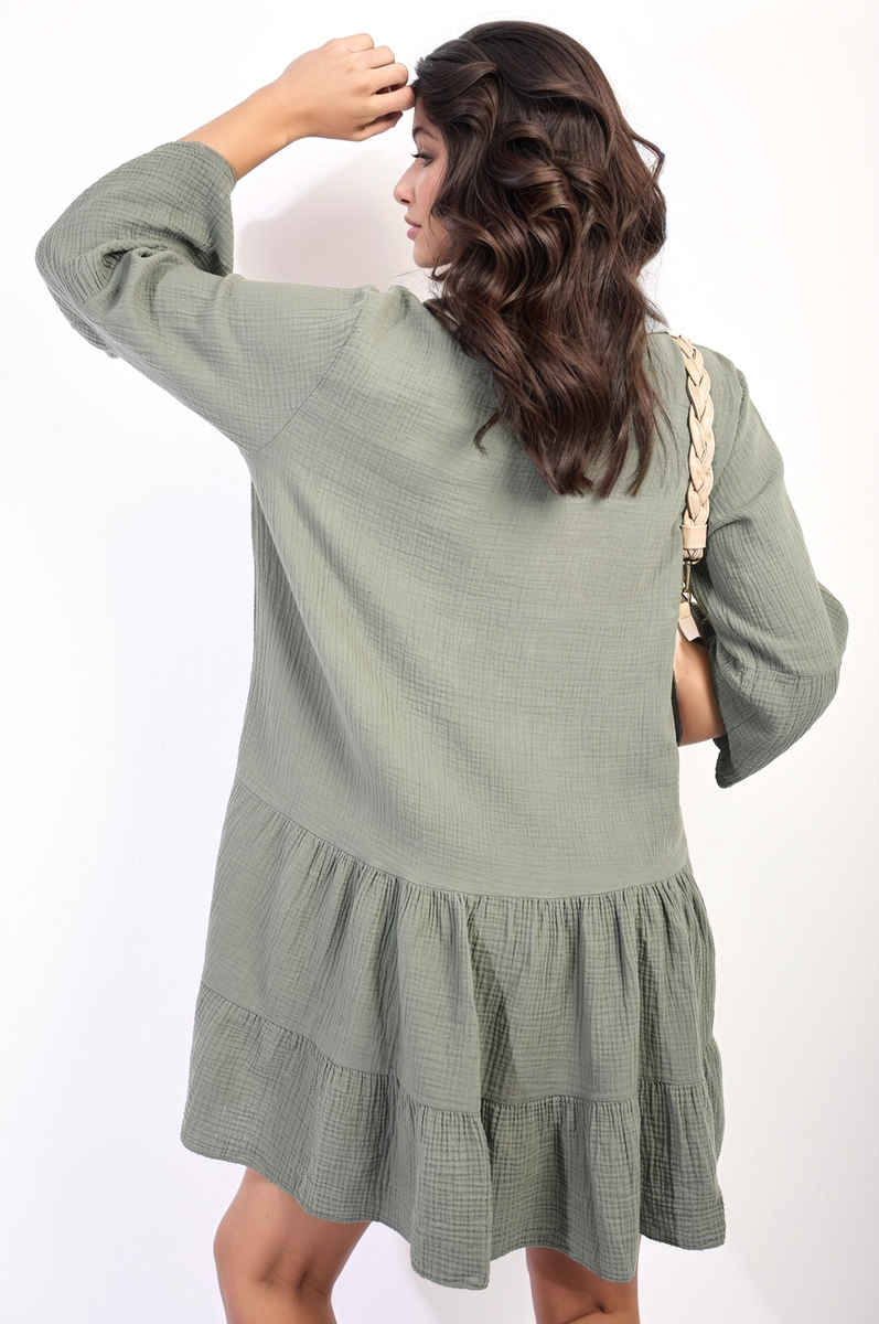 Button Front Tiered Smock Mini Dress-4