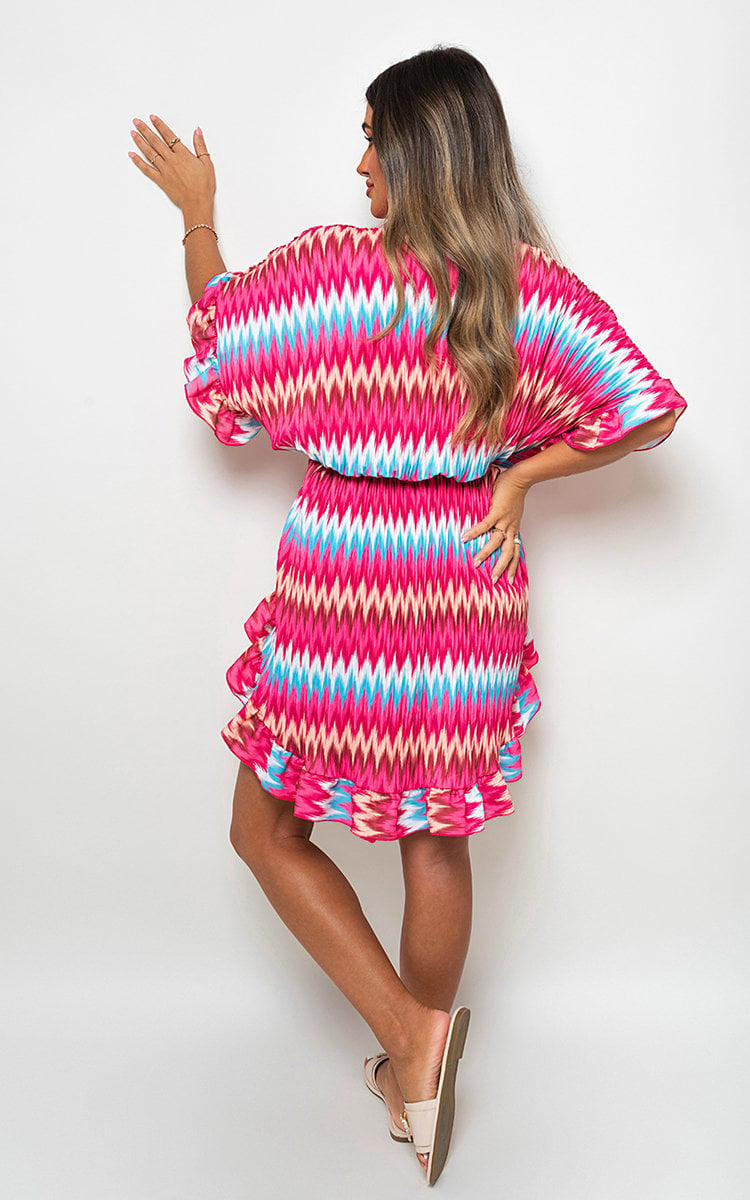 Zigzag Print Pleated Button Up Shirt Dress-8