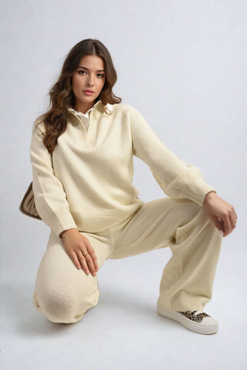 Long Sleeve Knitted Collar Top and Wide Leg Pants Co-ord Set-2