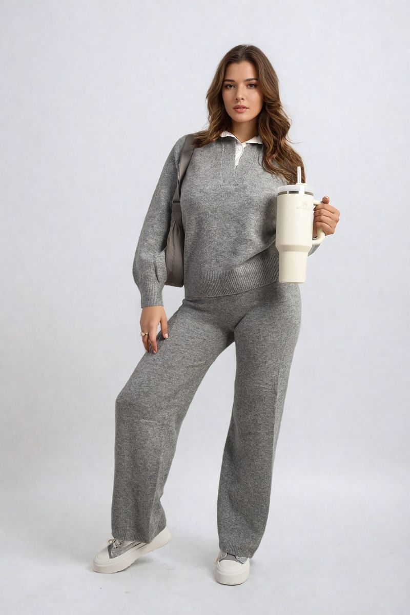 Long Sleeve Knitted Collar Top and Wide Leg Pants Co-ord Set-4