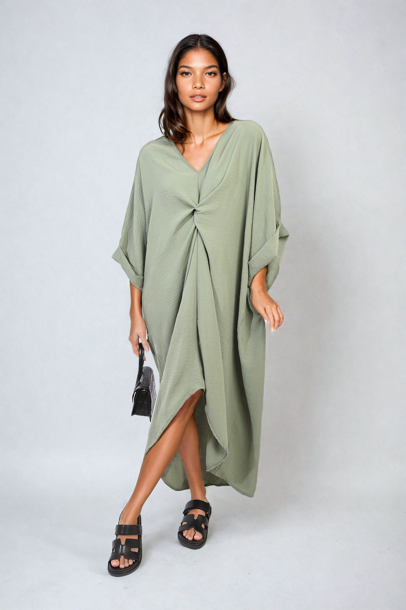 Twist Front Plunge Neckline Relaxed Fit Midi Dress-3