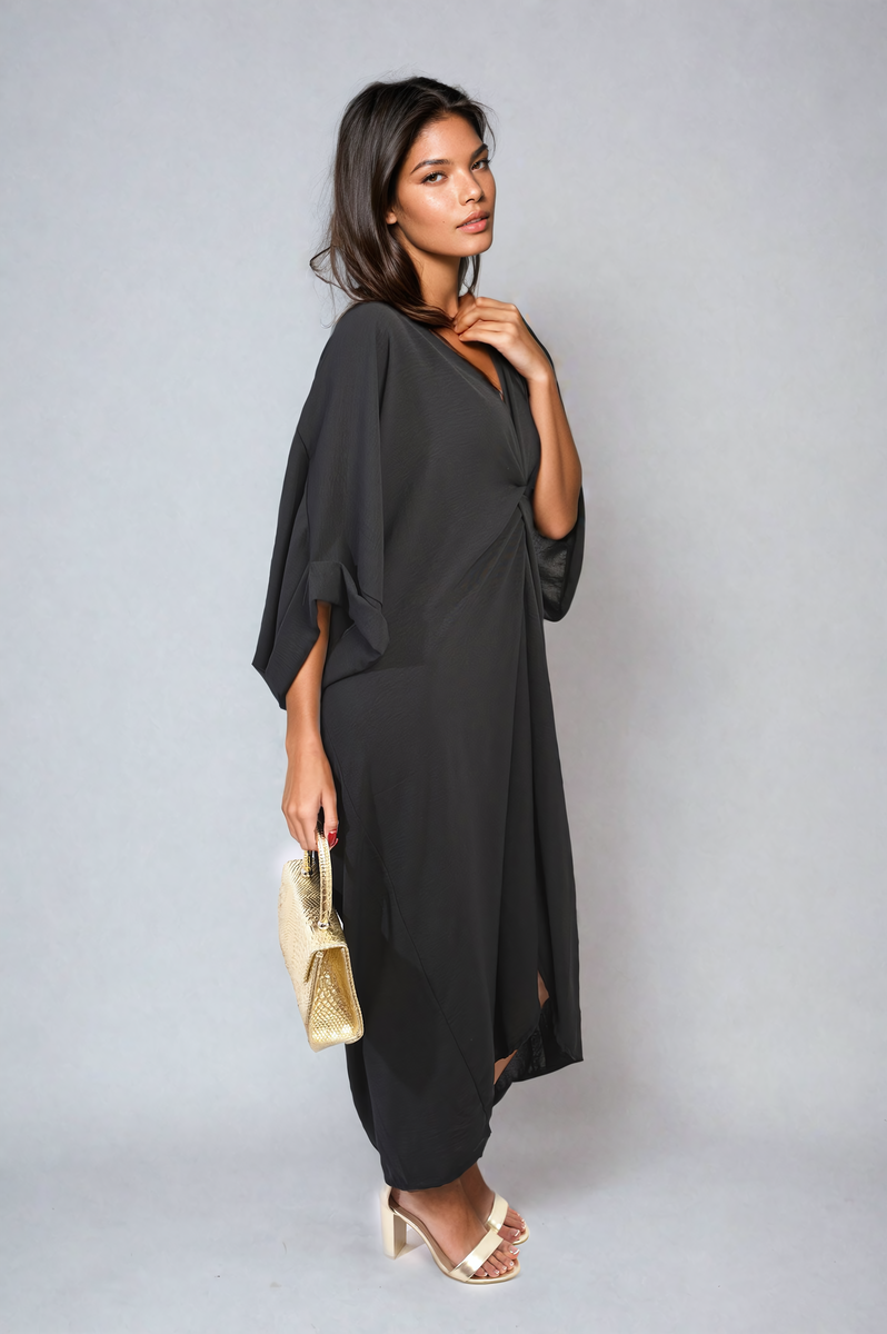 Twist Front Plunge Neckline Relaxed Fit Midi Dress-5