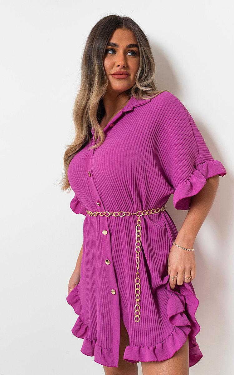 Button Down Oversized Ruffle Short Sleeve Mini Dress-13