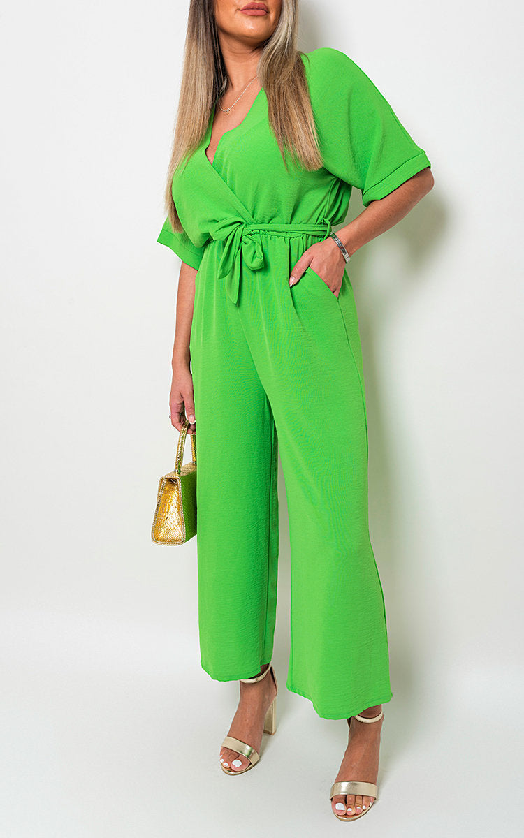 V Neck Tie Waist Short Sleeve Jumpsuit-8