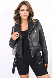Lapel Faux Leather Biker Jacket-0