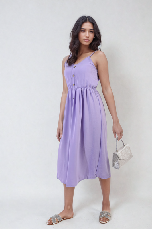 Button Front Strappy Midi Dress-0