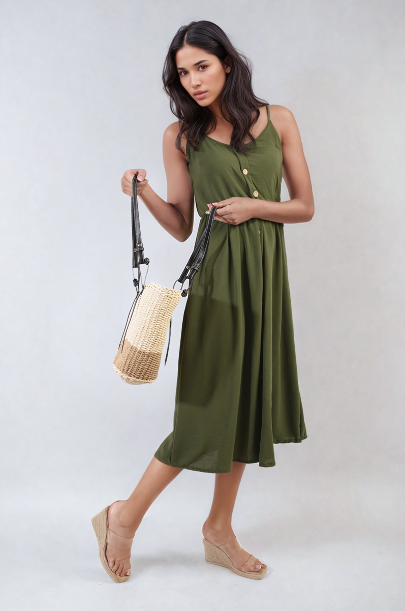 Button Front Strappy Midi Dress-6