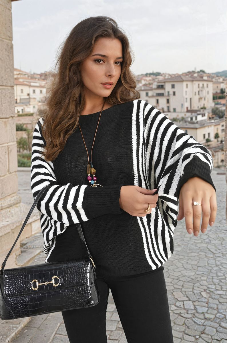 Striped Batwing Long Sleeve Knitted Jumper-7