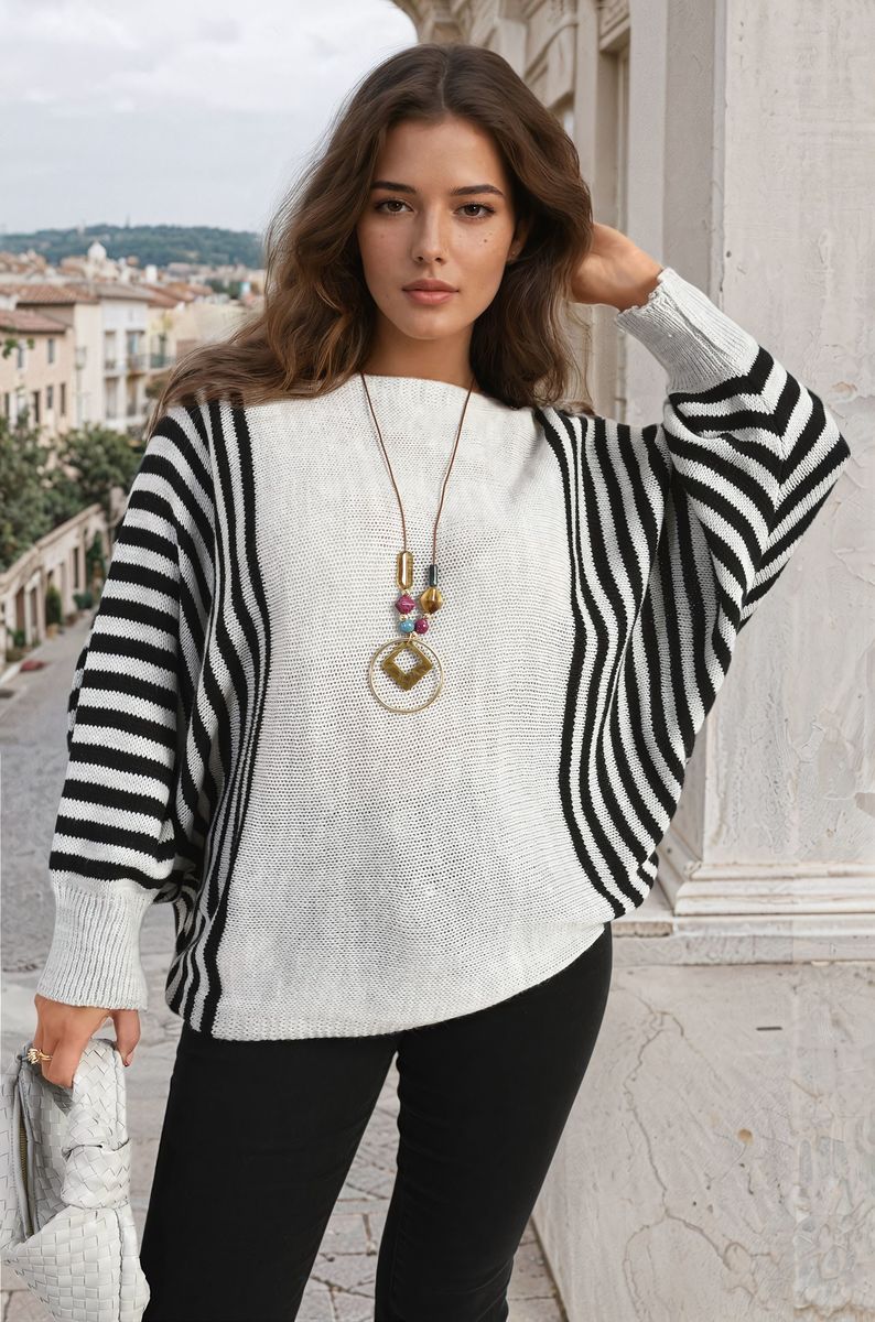 Striped Batwing Long Sleeve Knitted Jumper-3