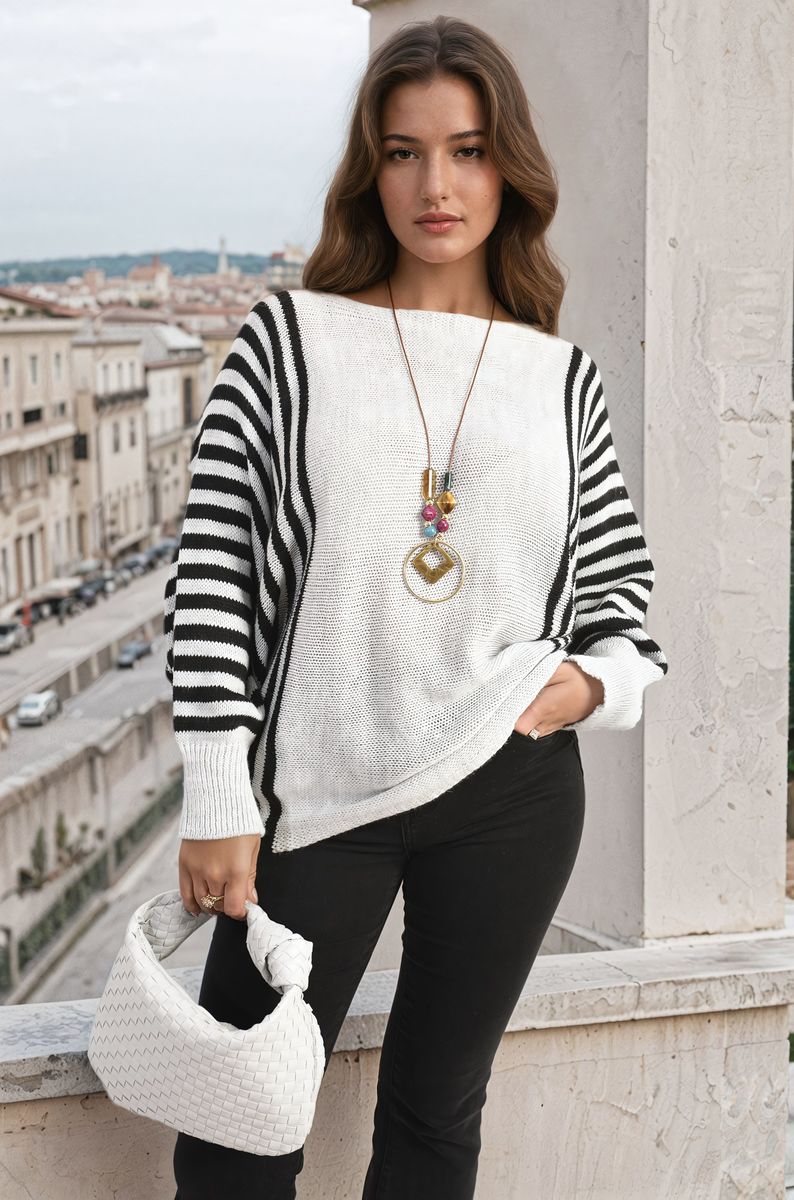 Striped Batwing Long Sleeve Knitted Jumper-0