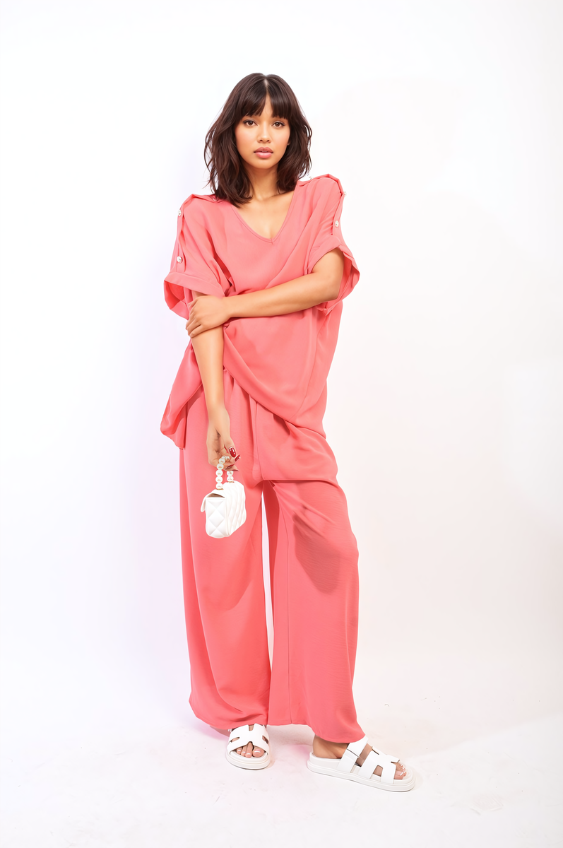 Button Detail V Neck Loose Top and Wide Leg Trouser Co-ord Set-5