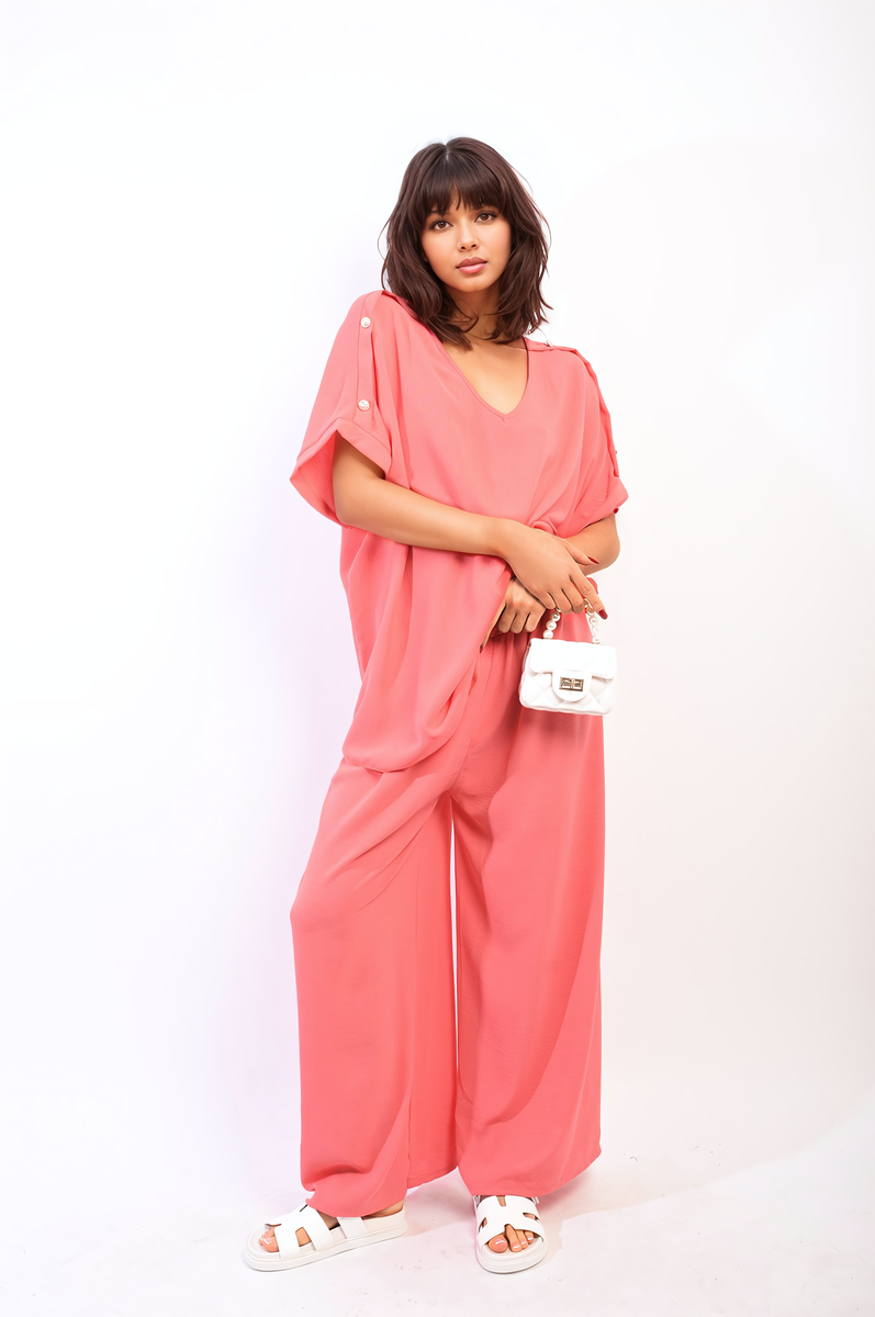 Button Detail V Neck Loose Top and Wide Leg Trouser Co-ord Set-4