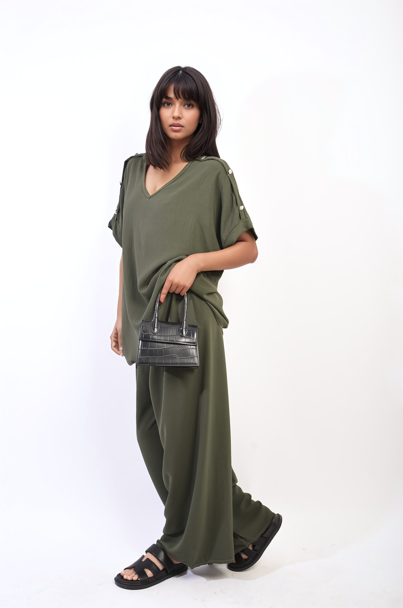 Button Detail V Neck Loose Top and Wide Leg Trouser Co-ord Set-1