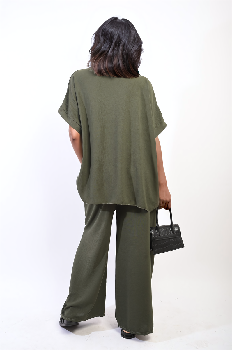 Button Detail V Neck Loose Top and Wide Leg Trouser Co-ord Set-2