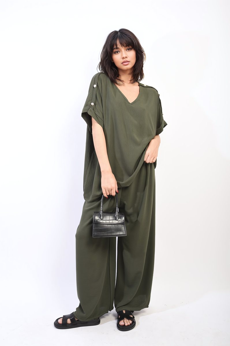 Button Detail V Neck Loose Top and Wide Leg Trouser Co-ord Set-0