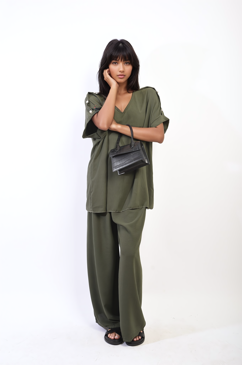 Button Detail V Neck Loose Top and Wide Leg Trouser Co-ord Set-3