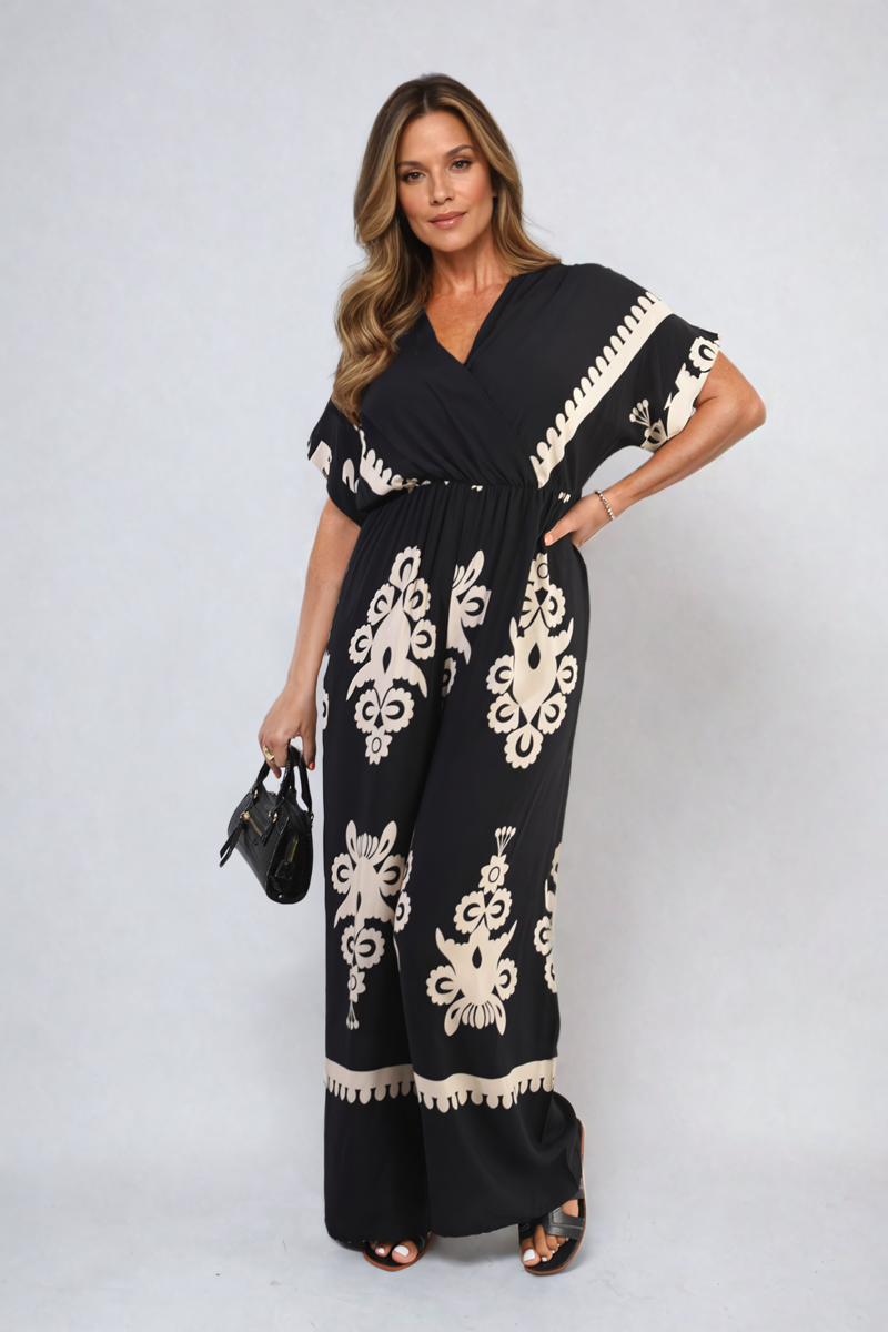 Printed Cross Front Wide Leg Jumpsuit-0