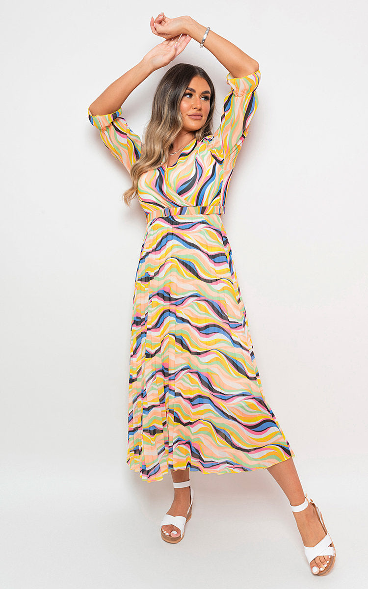 Long Sleeve Printed Maxi Dress with Belt Detail-3