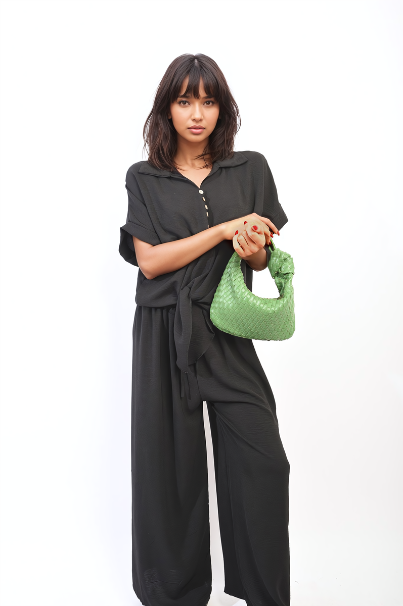 Tie Front Top and Wide Leg Pants Co-ord Set-0